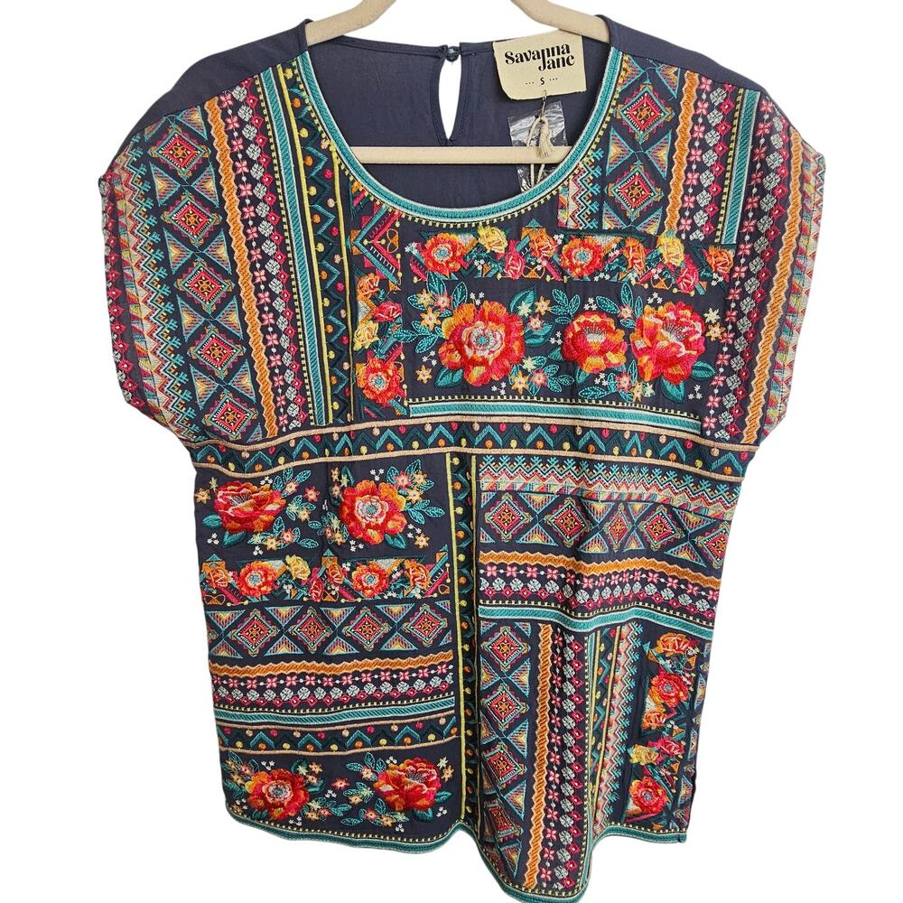Savannah Jane Womens Embroidered Floral Geometric Tunic Size S Boho Whimsical